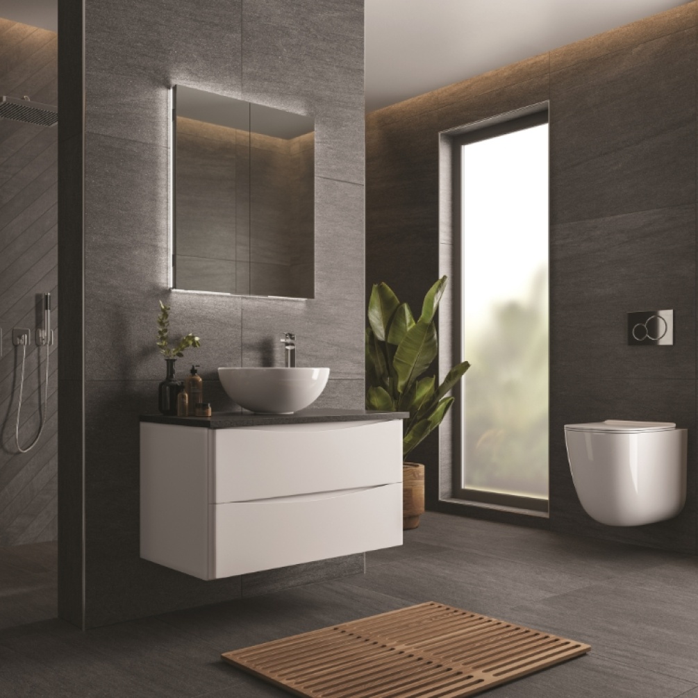 Product Lifestyle image of the HIB Atrium 600mm LED Recessed Mirror Cabinet